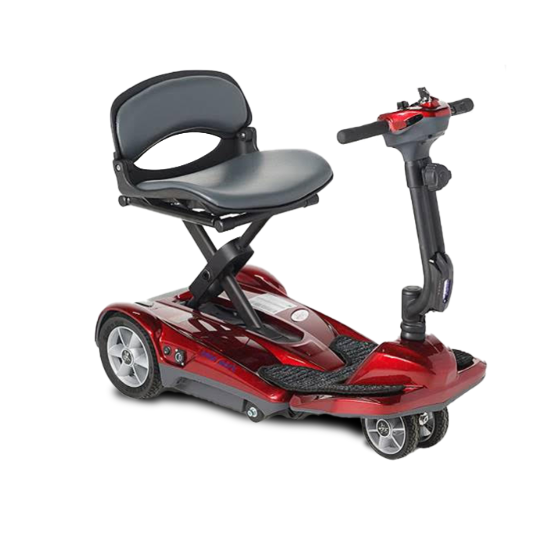 The EV Rider TranSport S19AF is a compact, red, three-wheeled portable scooter with a black cushioned seat and armrests, designed for easy access and transport for individuals with mobility challenges.