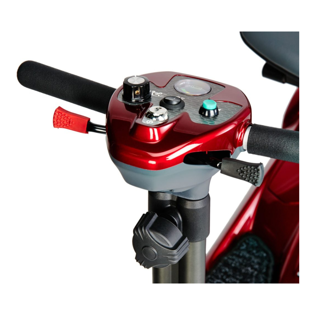 Close-up of the control panel and handlebars of the EV Rider TranSport S19AF Automatic Folding Travel Scooter, featuring buttons, levers, and a speed dial on a glossy red surface.
