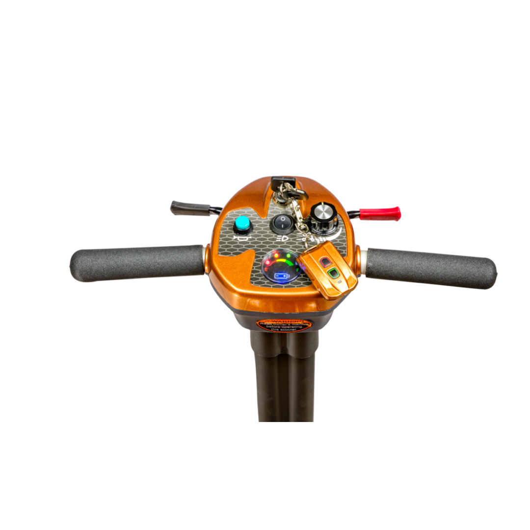 Close-up of the control panel of the EV Rider TranSport S19AF Automatic Folding Travel Scooter, featuring handlebars, buttons, a key, and a display on a white background.
