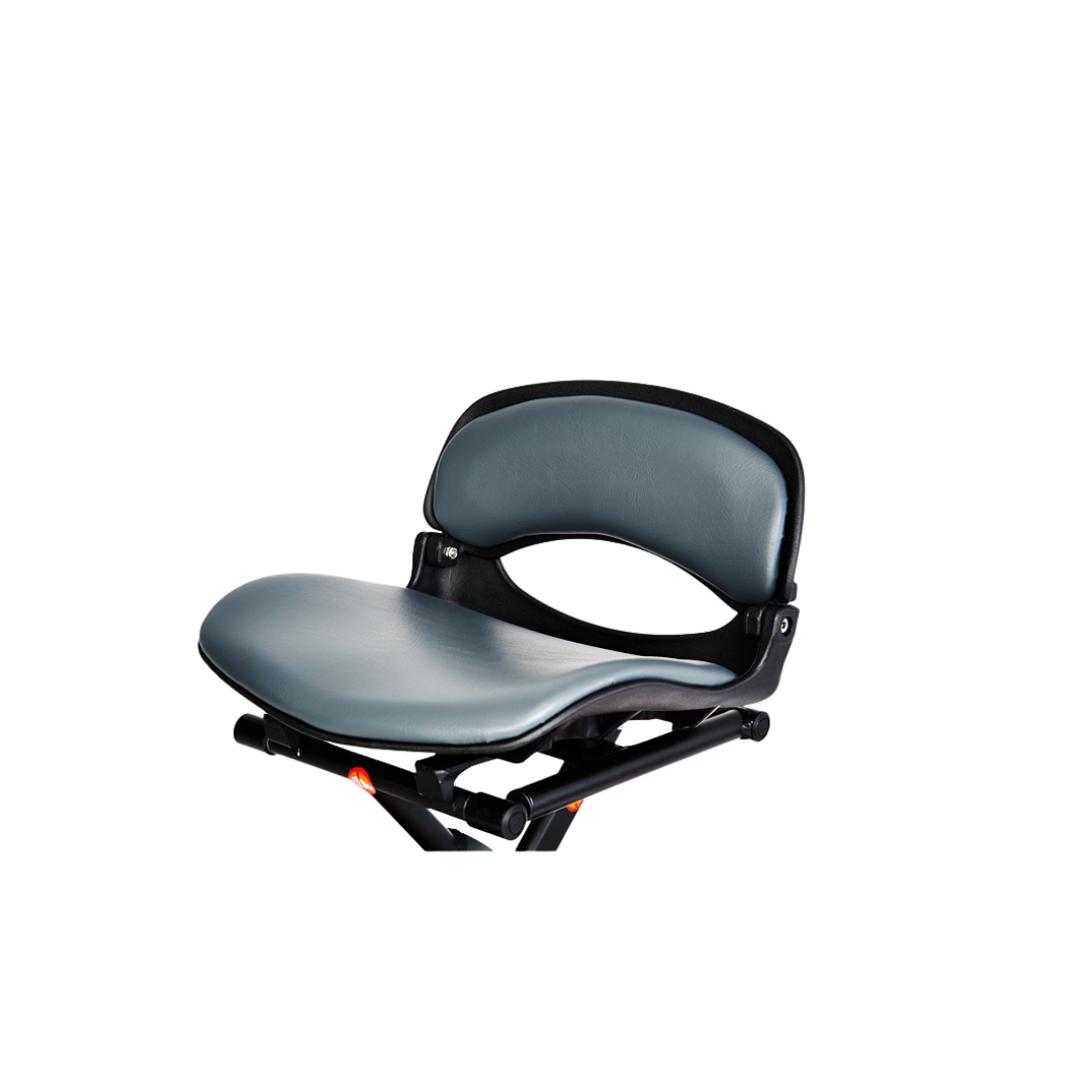 The EV Rider TranSport S19AF Automatic Folding Travel Scooter features a modern, ergonomic chair with a padded seat and backrest upholstered in dark gray fabric, displayed against a white background.