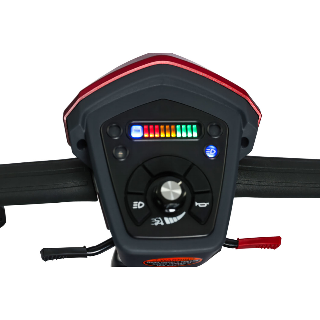 Close-up of the EV Rider Transport 4M Travel Scooter dashboard featuring a battery indicator with colored bars, buttons, a central dial, and handlebars on both sides against a white background.