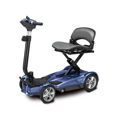 The EV Rider Transport AF4W Automatic Folding Mobility Scooter is a compact, four-wheeled lightweight scooter with a blue frame, padded seat, backrest, and armrests. It provides personal mobility assistance and an extended travel range.