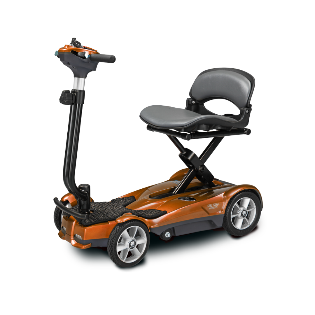 The EV Rider Transport AF4W Automatic Folding Mobility Scooter features a compact four-wheel design, raised seat, backrest, and handlebars, with a metallic orange and black frame—ideal for portable personal mobility assistance.