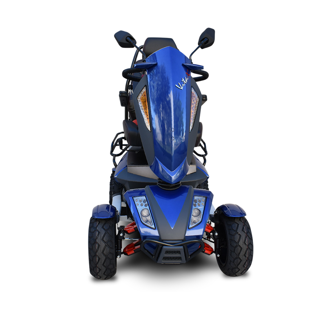 A blue Heartway S12X Vita Monster All-Terrain Power Scooter with four wheels is shown from the front on a white background, featuring headlights, side mirrors, handlebars, and a comfortable seat.