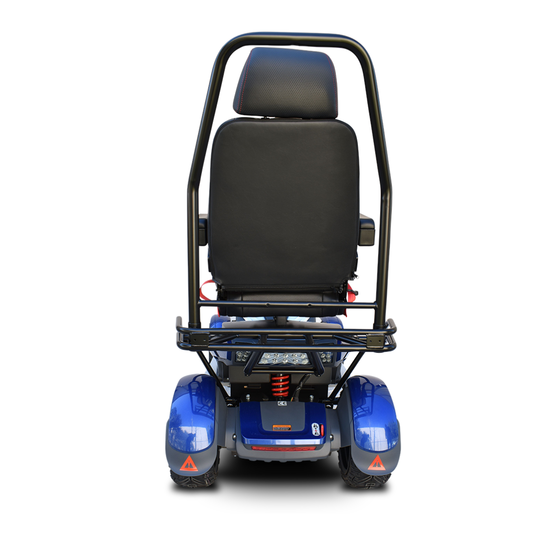 A rear view of the Heartway S12X Vita Monster All-Terrain Power Scooter, showing its black cushioned seat with headrest, large rear wheels, roll bar, and blue base with red reflectors.