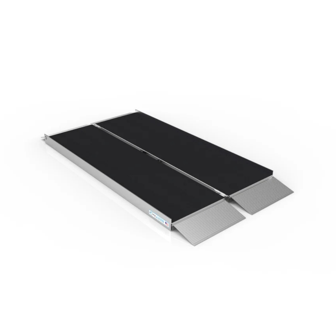 A black and silver EZ-Access SUITCASE® Singlefold AS Portable Ramp with two fold-out panels, side guards, and a slip-resistant surface is shown on a white background.