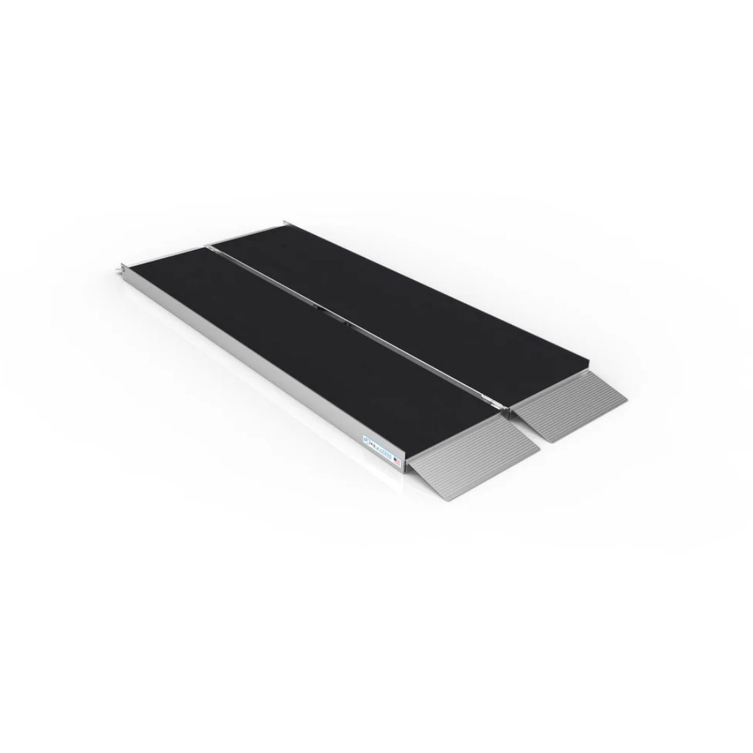 The EZ-Access SUITCASE® Singlefold AS Portable Ramp features silver edges and black slip-resistant panels, shown fully extended on a white background.