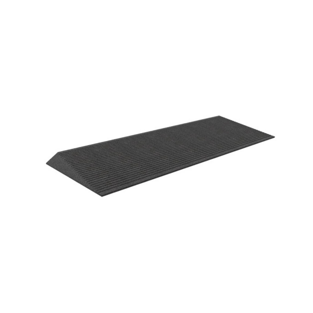 The EZ-Access TRANSITIONS® Angled Entry Welcome Mat is a black, rectangular mat made from recycled rubber with a slip-resistant surface and sloped edge for easy wheelchair or cart access.