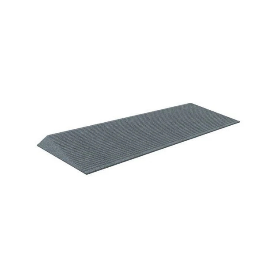 The EZ-Access TRANSITIONS® Angled Entry Welcome Mat is a gray, rectangular mat made from recycled rubber with a slip-resistant, textured surface and gentle incline, shown against a white background.