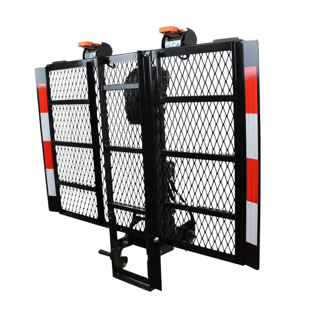 The EZ-Carrier Automatic Lift Fold Up Vehicle Mobility Carrier features a black metal mesh loading ramp with reflective red and white safety strips, shown upright and folded from the rear with top locking mechanisms, ideal for mobility scooters.