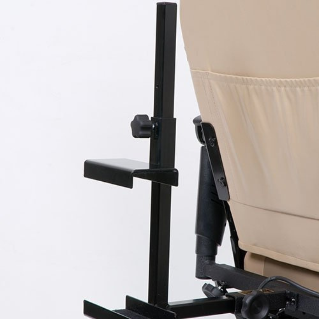 Close-up of a metal support bracket attached to the side of a beige upholstered chair, part of the Golden Tech Accessories for Power Chairs & Scooters, possibly used as an oxygen tank holder or assistive seating component.