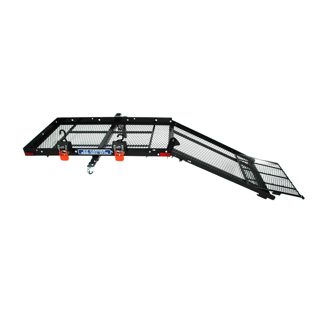 The EZ-Carrier Manual Fold Up Vehicle Mobility Carrier is a black metal hitch carrier with a foldable ramp, mesh platform, and orange side reflectors for safety—ideal for transporting mobility scooters.