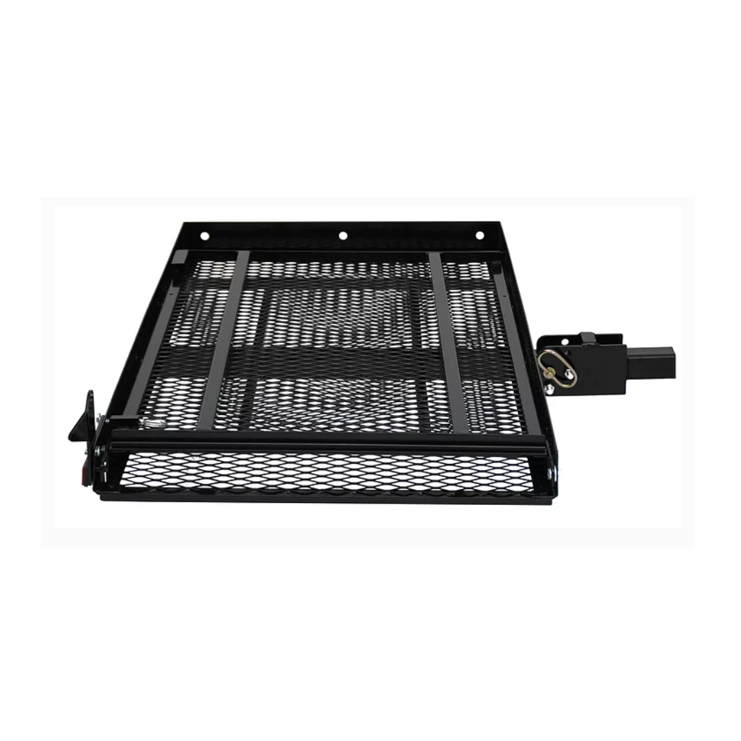 The EZ-Carrier Manual Fold Up Vehicle Mobility Carrier is a black metal tray with a mesh base and raised edges, attaches to vehicles for transporting mobility scooters. Shown in an angled top view against a white background.