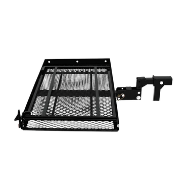 The EZ-Carrier Manual Fold Up Vehicle Mobility Carrier is a black metal hitch carrier with a mesh platform and raised edges, designed for transporting extra items. The side view highlights the mounting bracket and support arm.