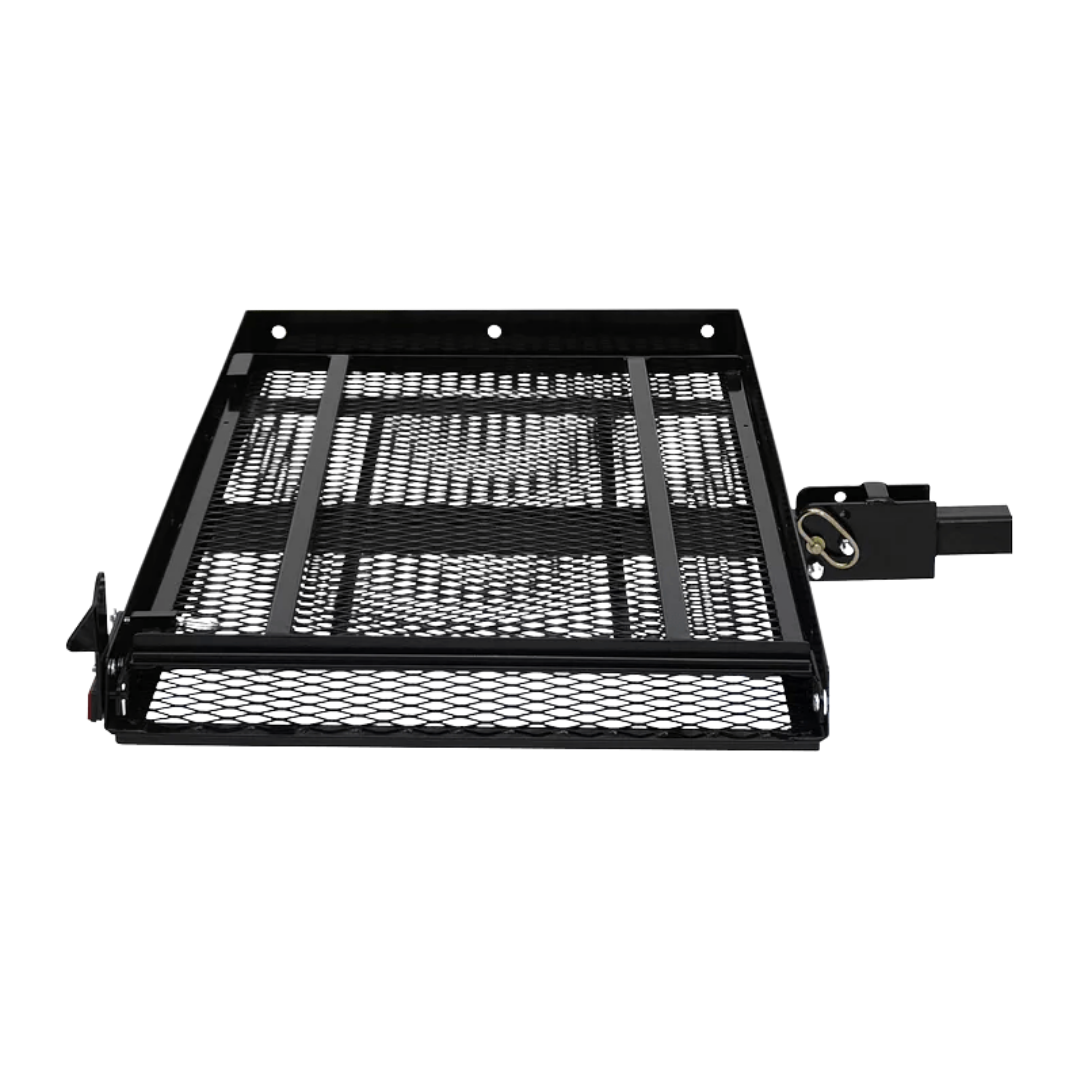 The EZ-Carrier Manual Fold Up Vehicle Mobility Carrier features a black metal mesh, rectangular frame with a right-side hitch attachment and left-side latch—perfect for transporting a mobility scooter.