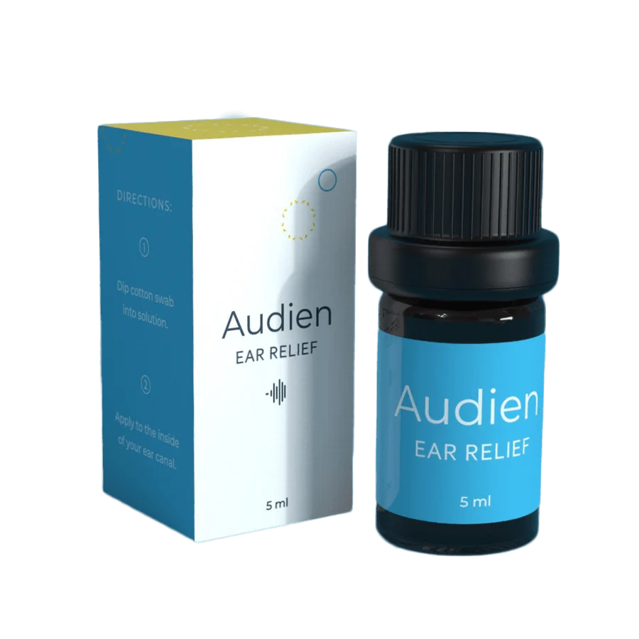 A small 5 ml bottle labeled "Audien Ear Relief Drops - Blend of Peppermint Oil & Aloe Vera" stands by its matching blue, white, and yellow box, which highlights ear discomfort relief and displays directions on the side.