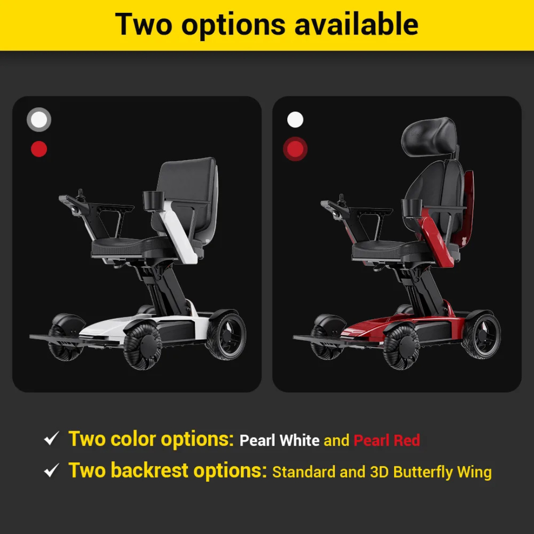 Two Easwe™ L10 Luxury Electric Wheelchairs—one in pearl white with a standard backrest, the other in pearl red with a 3D butterfly wing backrest—showcase two color and backrest options for this stylish, foldable wheelchair.