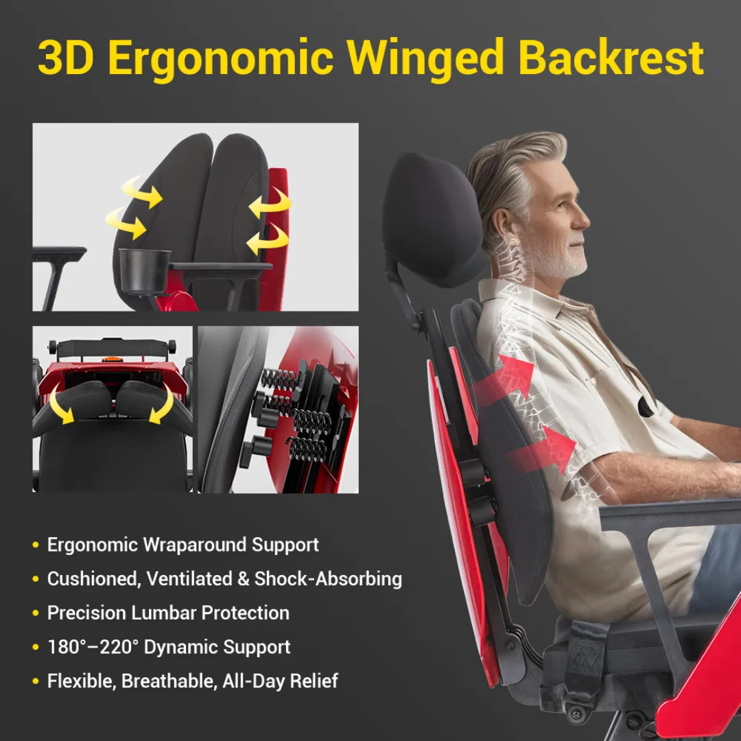 A man sits in the Easwe™ L10 Luxury Electric Wheelchair, featuring a black and red ergonomic design with a winged backrest, automatic adjustable seat height, lumbar support, cushioned comfort, and multiple reclining angles.