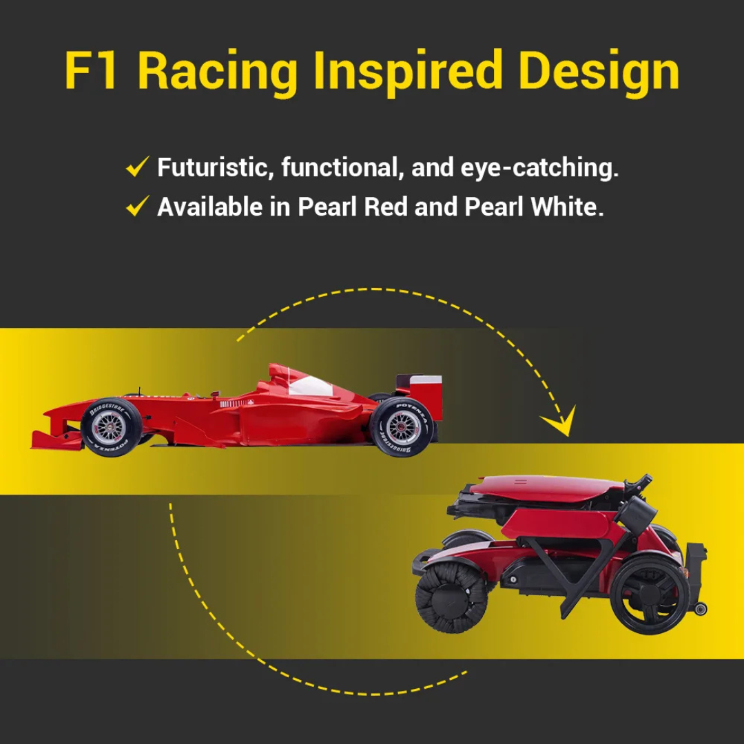 A red F1-style car is shown above the Easwe™ L10 Luxury Electric Wheelchair with Automatic Adjustable Seat Height. Text: F1 Racing Inspired Design – Futuristic, functional, and eye-catching. Pearl Red & Pearl White.