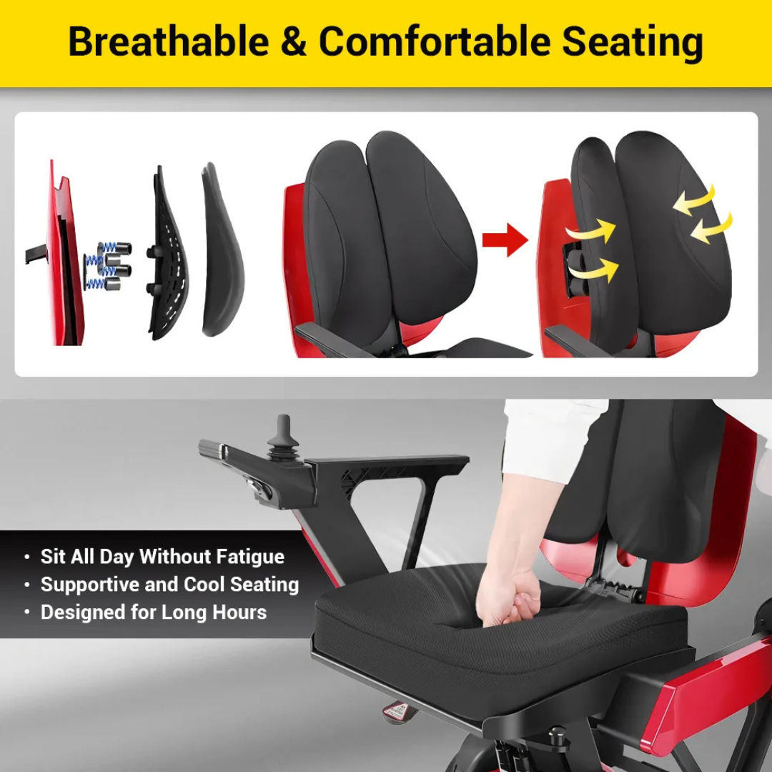 Illustration of a black and red Easwe™ L10 Luxury Electric Wheelchair showing labeled features like automatic adjustable seat height, breathable cushion, and cushioned softness; text emphasizes comfort for long-term use.