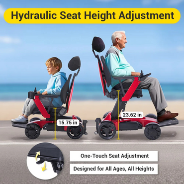 An elderly man and a boy relax by the beach on the Easwe™ L10 Luxury Electric Wheelchair with automatic seat height adjustment (15.75–23.62 inches), showing easy one-touch adjustment for all ages and heights.