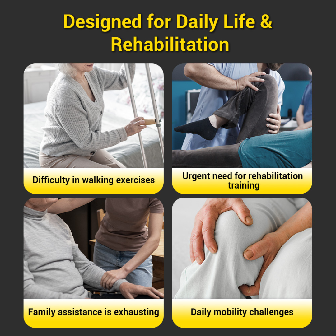Four panels show daily rehab challenges: a woman aiding an elder, a therapist using Easwe™ S10 Standing Electric Wheelchair for leg rehab, a family member’s support, and hands on knees—each labeled with rehabilitation tasks.