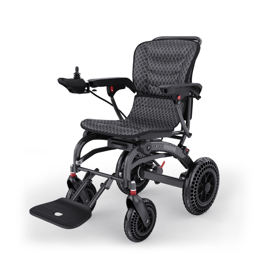 The Easwe™ B20 Portable Folding Powerchair - Airline Approved is a modern electric wheelchair with extended range, black and gray patterned seat, armrests, right-side joystick, large rear wheels, and footrest on a white background.
