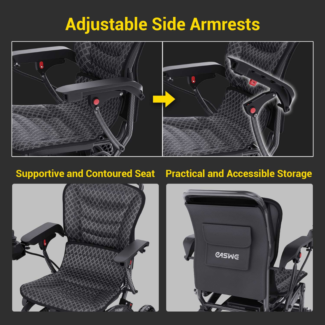 Collage of the Easwe™ B20 Portable Folding Powerchair—airline approved—featuring adjustable side armrests, a contoured seat, and a back storage pocket, shown in both close-up and wide views.