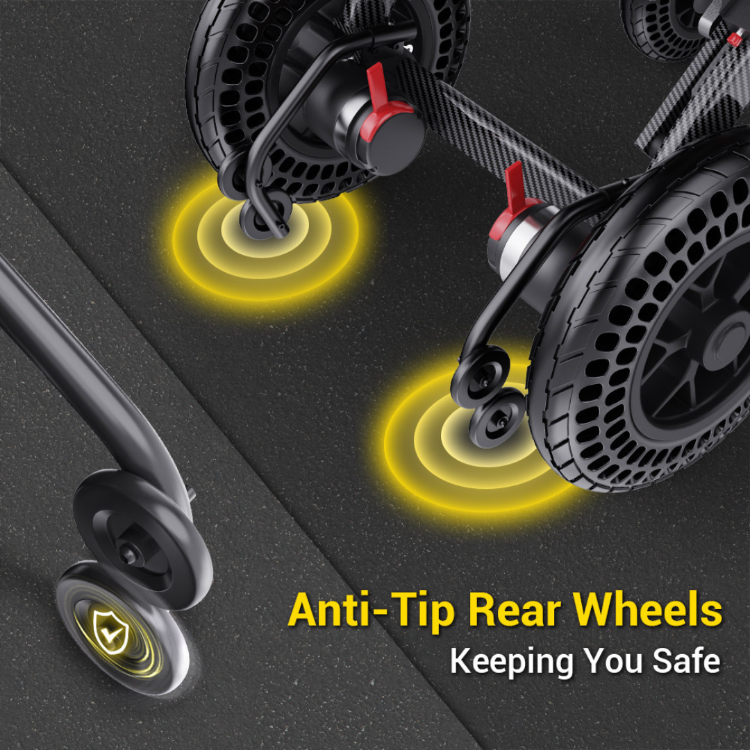 Close-up of Easwe™ B20 Portable Folding Powerchair’s anti-tip rear wheels on a dark surface, highlighted by glowing yellow rings. Text reads: Anti-Tip Rear Wheels for Safe Travel.
