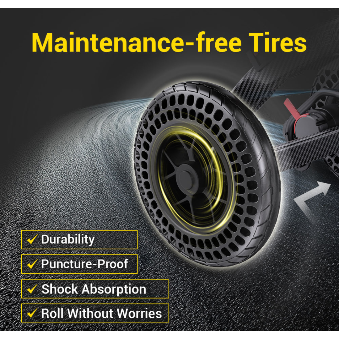 Close-up of the Easwe™ B20 Portable Folding Powerchairs maintenance-free tire, showcasing its durability, puncture-proof design, and shock absorption for reliable, worry-free mobility. Bold yellow and white text pops against a dark background.