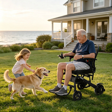 An elderly man in an Easwe® C20 Long Range Carbon Fiber Electric Wheelchair smiles as a young girl and a golden retriever play on the grass by an oceanfront porch, all enjoying the freedom of mobility on a sunny day.