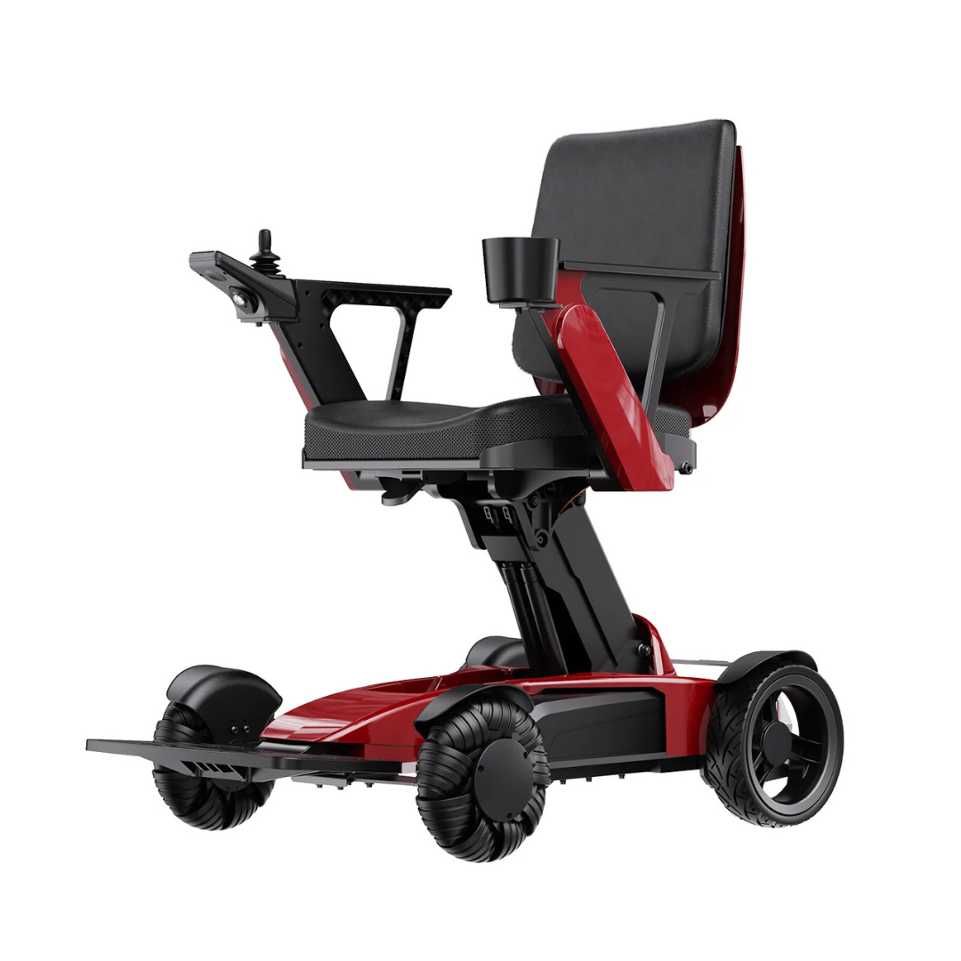 The Easwe™ L10 Luxury Electric Wheelchair, shown on a plain white background, features a modern red and black design, padded seat, armrests, right-arm joystick control, cup holder, four sturdy wheels, and an automatic adjustable seat height.
