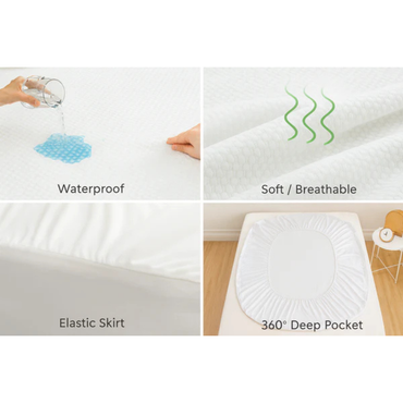 A collage showcases the Waterproof Mattress Shield For Elevra Beds - PureBamboo™: liquid poured to show waterproofing, soft/breathable bamboo fabric texture, an elastic skirt on a mattress, and a top view highlighting 360° deep pocket fit.