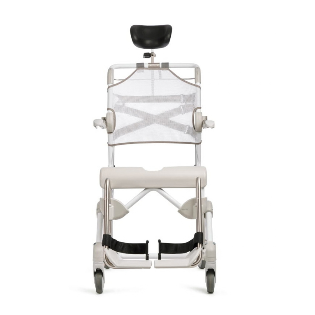 Etac Swift Mobil Tilt-2 mobile shower commode chair with a mesh backrest, adjustable headrest, and footrests.