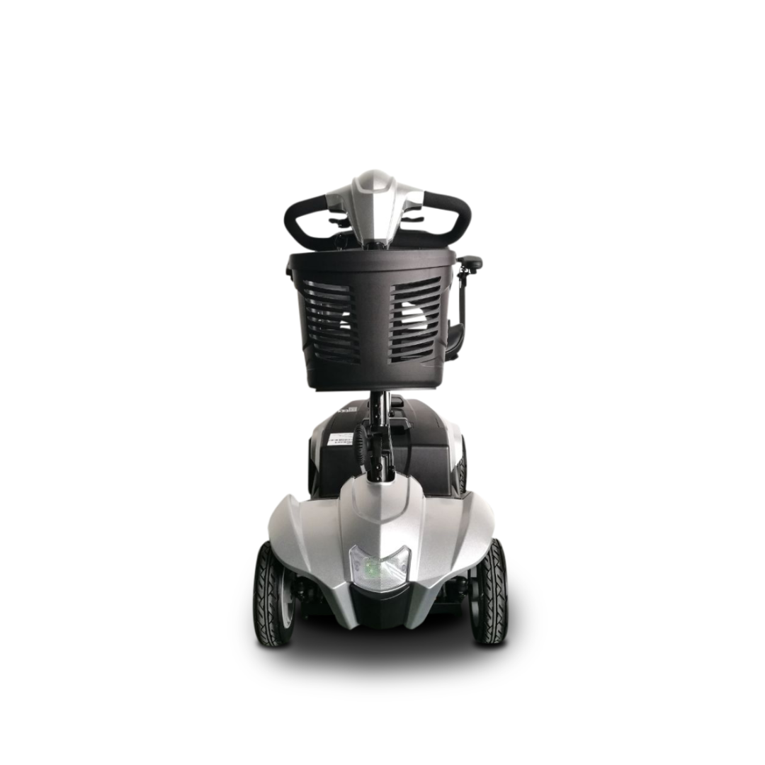 Front view of the EV Rider CityCruzer Portable Scooter, silver with four wheels and a black basket on the handlebars, isolated on a white background; designed for portability and convenience.