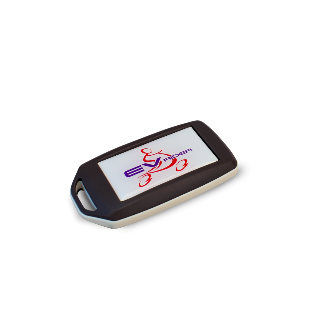 A rectangular black and white key fob featuring a stylized cyclist and "E Biker" logo—ideal for your EV Rider Teqno Automatic Folding Portable Travel Scooter.