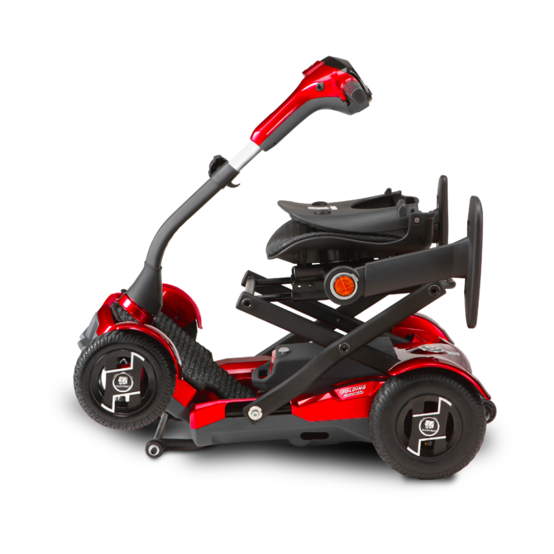 The EV Rider Teqno Automatic Folding Portable Travel Scooter features a sleek red design, with its wheels, seat, and handlebar neatly collapsed for easy transport, portability, and storage.