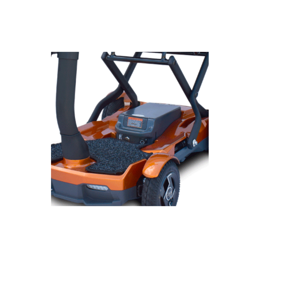 Close-up of the Ev Rider Lithium Battery Replacement for Teqno Scooters, focusing on the footrest, wheels, base, and digital display panel against a white background.