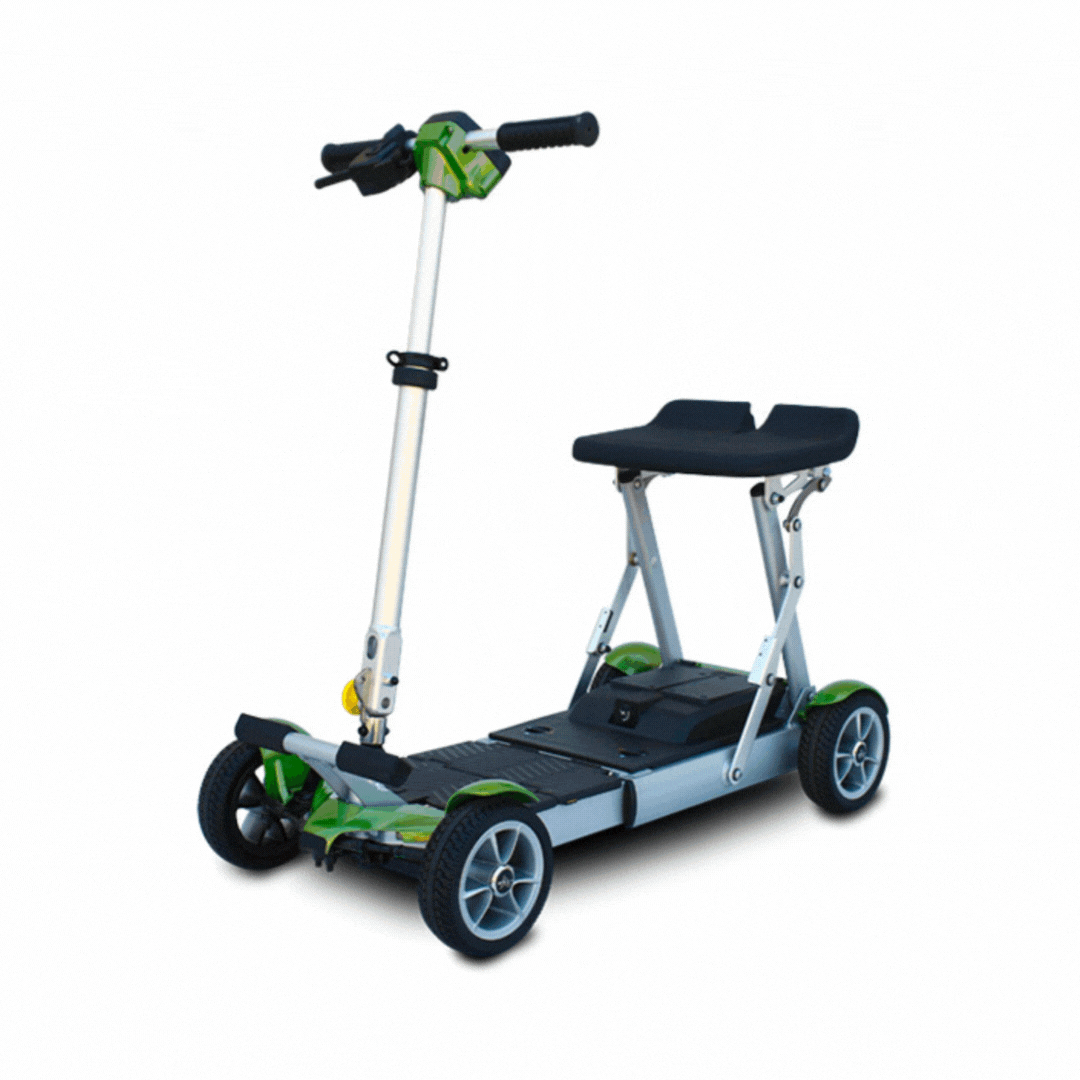 The EV Rider Gypsy Ultra Compact Airline Approved Scooter is a lightweight, folding scooter with a black seat, green and silver frame, four wheels, and handlebars, designed for easy transport and personal mobility.