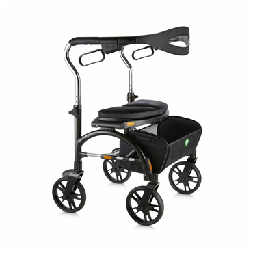 The Evolution Xpresso Wide Bariatric Rollator is a modern black walker with four wheels, an adjustable padded seat, curved handles, a large basket underneath, and a unique headrest or support arm extending from the handle area.