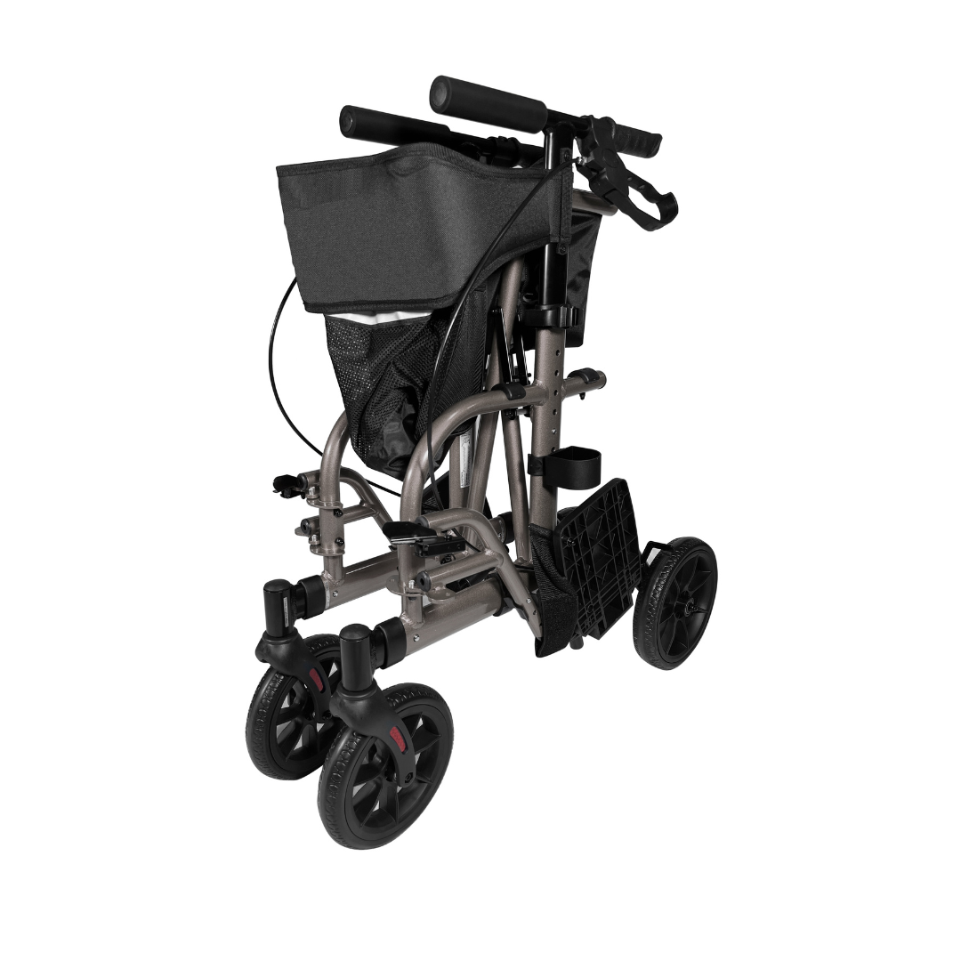 The Evolution Sierra Explorer 2-in-1 Hybrid Walker Wheelchair is a lightweight, foldable device with four wheels and a storage pouch, shown compact and upright on a white background.