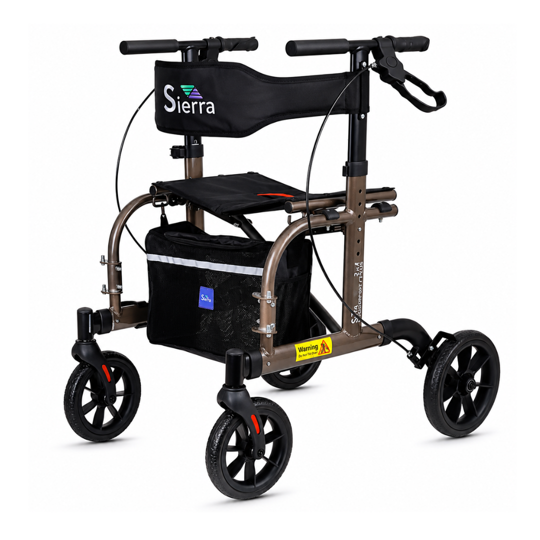 The Evolution Sierra Explorer 2-in-1 Hybrid Walker Wheelchair has a brown frame, four black wheels, hand brakes, a black seat with backrest, storage pouch, warning label, and a foldable hybrid walker design.