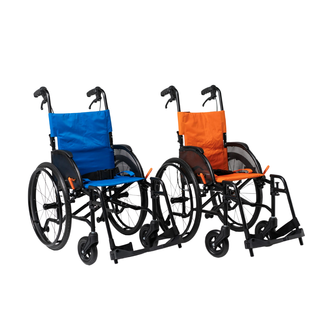 Two Feather Kids Wheelchairs – Ultralite with Quick-Release Wheels—one blue, one orange—feature black frames and armrests. Shown on a white background, these lightweight wheelchairs make mobility easy and fun for kids.