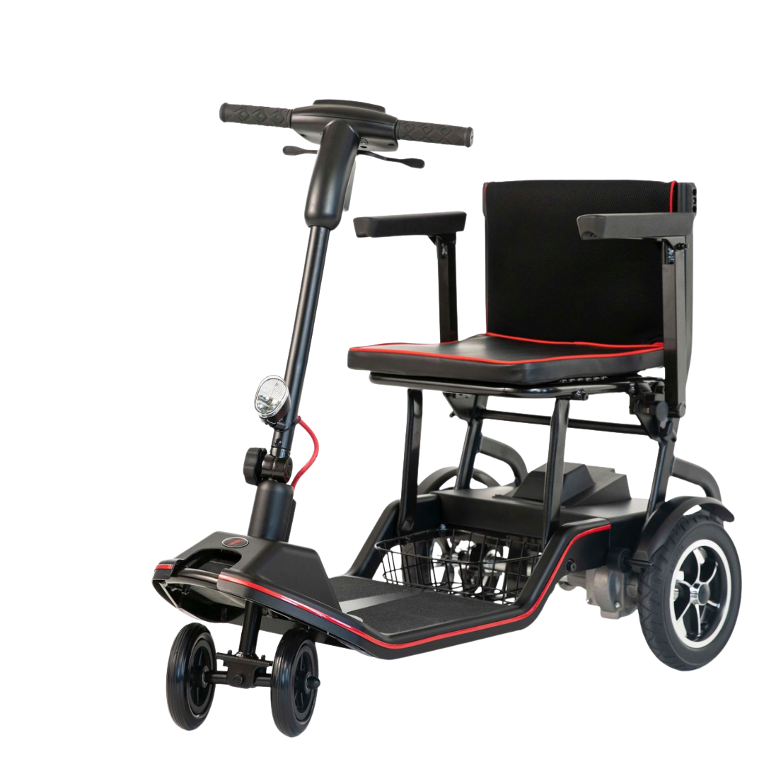 The Feather Ultralite Portable Scooter - Only 37 lbs is a compact black and red folding mobility scooter with two small front wheels, larger rear wheels, a seat with armrests, handlebars, and a basket beneath the seat. Shown on a white background.