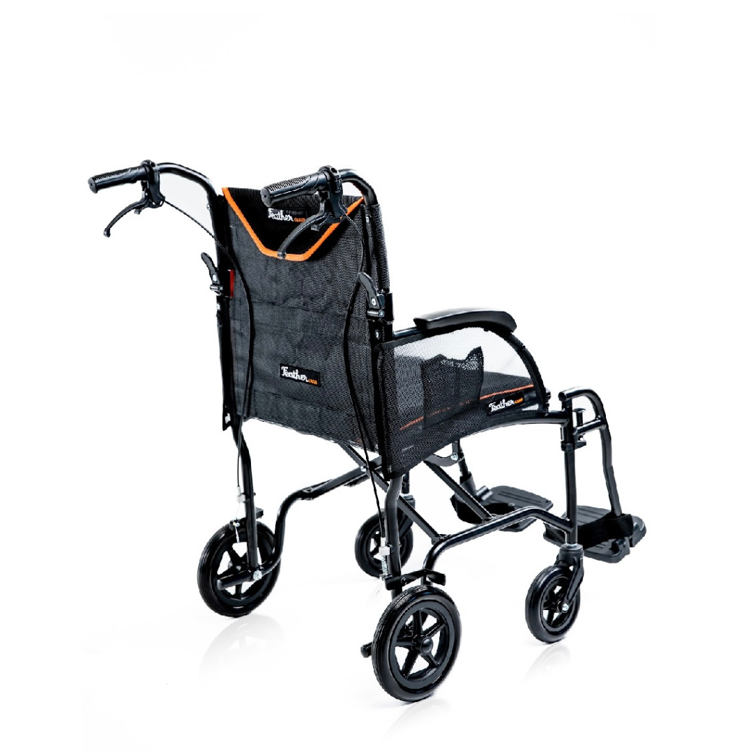 The Feather Ultralite Transport Chair—only 13 lbs—features orange accents, a foldable frame, footrests, and four small wheels on a white background, making it the lightest transport wheelchair for easy travel.