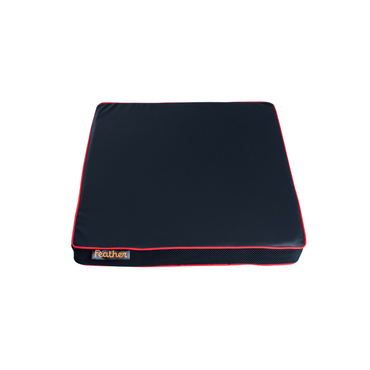 A square, dark-colored Feather Portable Cushion with red piping, a front label reading "Feather," and a convenient handle is shown on a plain white background.
