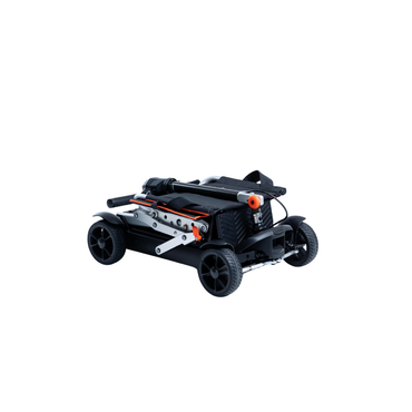 The Feather 27X Folding Portable Mobility Scooter, shown in black and orange from a side view with four wheels, weighs only 27 lbs—ideal for anyone seeking an ultra-lightweight and portable mobility solution.