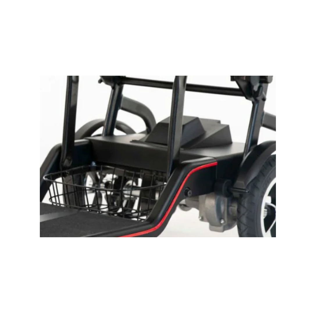 Close-up of a black golf push cart with a storage basket, sturdy frame, and durable wheels—ideal for carrying essentials like the Feather Battery Replacement for Feather Scooter.