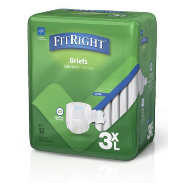 The green package of FitRight 3XL Cloth-Like Adult Incontinence Briefs fits 65-94 inch waists and features EasyFlex Stretch and 4D Core for maximum absorbency. Briefs is displayed in three languages on the front. Contains 12 Ultra protection briefs.