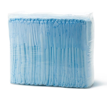 The FitRight Unisex Essential Incontinence Briefs, featuring moderate absorbency and designed for comfort and odor control, come neatly folded in a sealed transparent package with light blue disposable briefs.